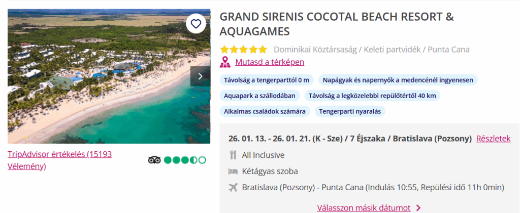 Grand Sirenis Cocotal Beach Resort & Aquagames - Pozsonyi indulás